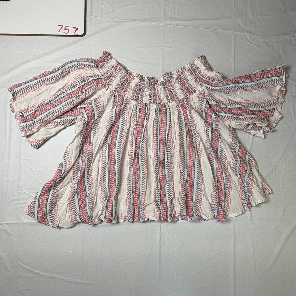 Ocean Drive Womens Off Shoulder Smocked Striped Crop Top Nautical Red Blue Large